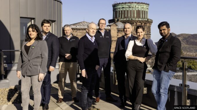 The winners: (L-R) Dr. Giulia Marcucci (LumiAIres), Matteo Cese (CEXAL), Kevin Duthie (Thistle Design), Peter Young (Space Scotland), Gordon Stewart (Thistle Design), Dr. Roy McBride (PowerPhotonic), Dr. Antonia Pavlidou (LumiAIres), Dr. Praveenkumar Kaveri (CEXAL).