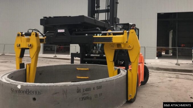 Bespoke attachments, such as this one for moving heavy pipe segments, can make materials handling quicker, simpler and safer.
